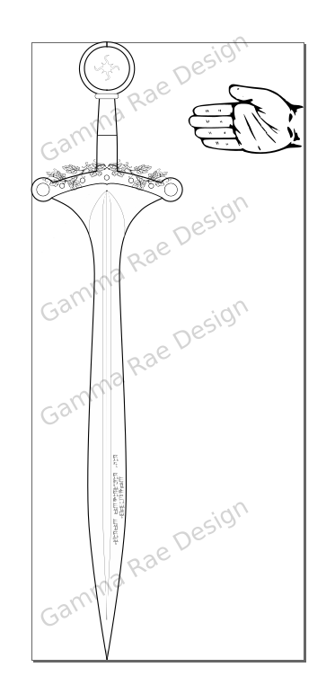 A lineart version of the sword with a small hand for scale