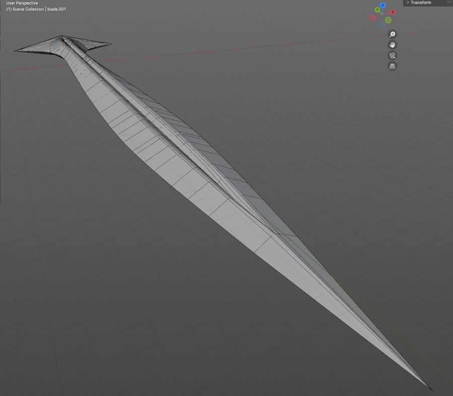 A sword blade in a 3D viewport with the wireframe showing.